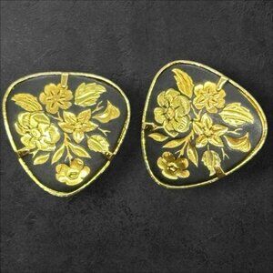 Vintage Damascene Gold Floral Clip-On Earrings